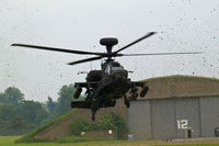 Apache AH 1 landing at RAF Cosford Airshow in a cloud of debris