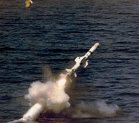 RGM-84 surface-to-surface Harpoon missile leaving the capsule as it clears the surface of the water 