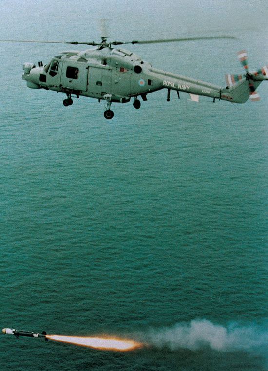 Sea Skua firing from Royal Navy Lynx helicopter 
